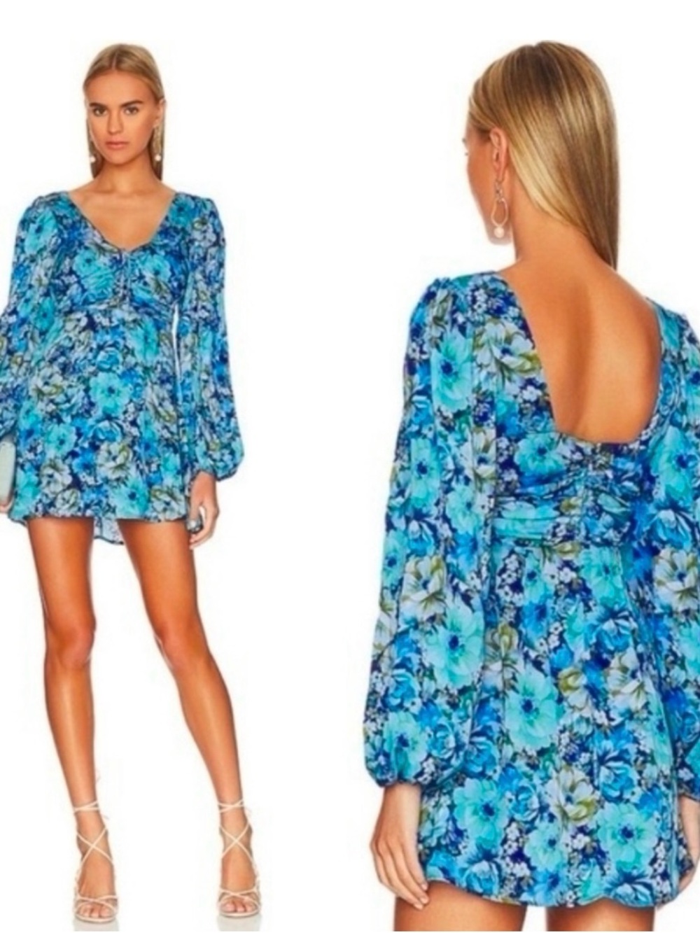For Love and Lemons Astor Blue Floral Long-Sleeve Mini Dress